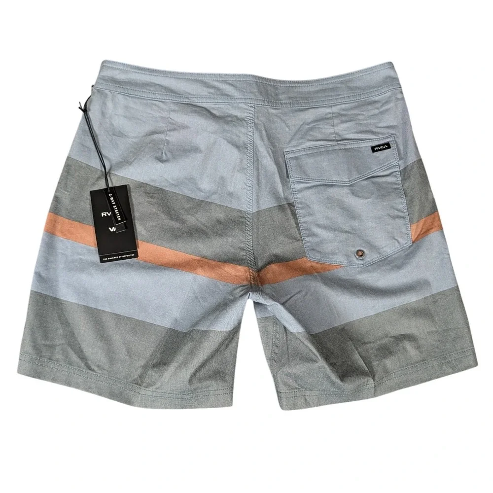 RVCA Mens Striped 17 Inch Short Length 2-Way Stretch Board Shorts Blue/Gray/Org